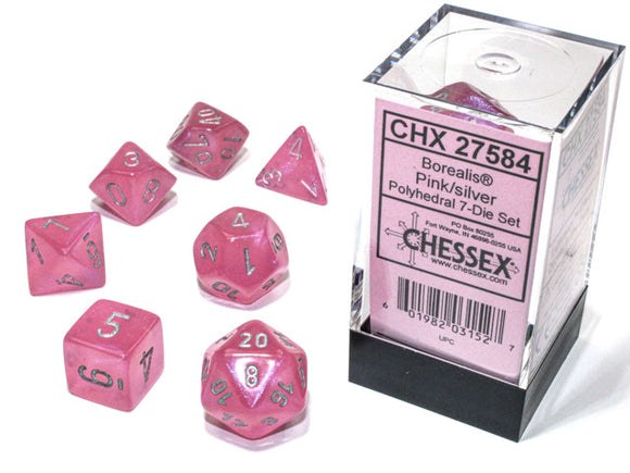 Chessex Borealis - Pink/Silver Luminary - Polyhedral 7-Die Set