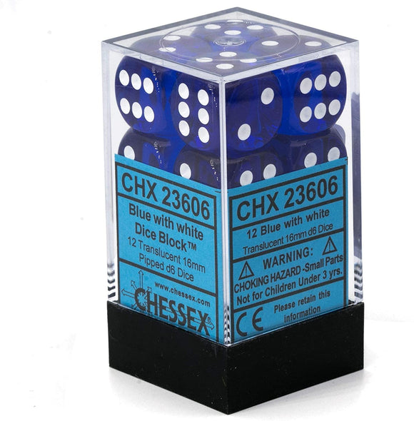 Chessex d6 Cube - Translucent Blue with White (16mm)