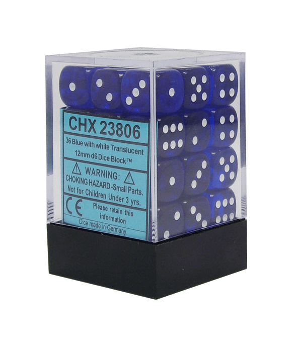 Chessex d6 Cube - Translucent Blue with White (12mm)