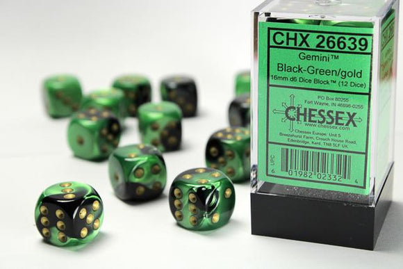 Chessex d6 Cube - Gemini Black-Green with Gold