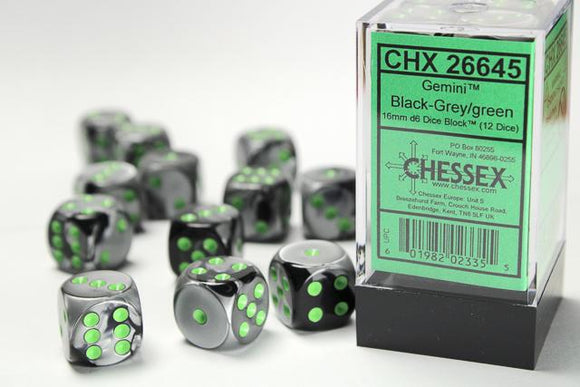 Chessex d6 Cube - Gemini Black-Grey with Green