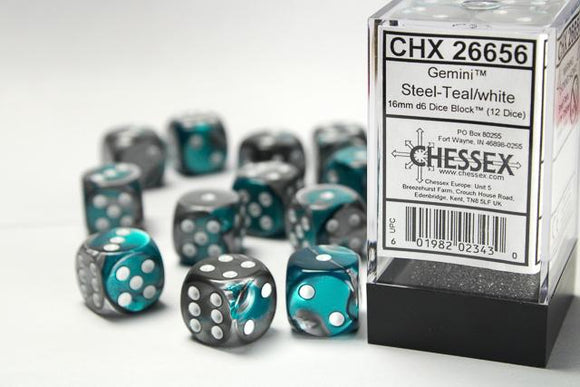Chessex d6 Cube - Gemini Steel-Teal with White