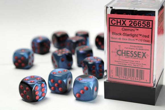 Chessex d6 Cube - Gemini Black-Starlight with Red