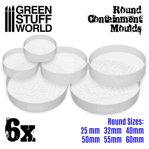 Green Stuff World: 6x Translucent white Containment Moulds for Bases - Round