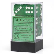 Chessex d6 Cube - Translucent Green with White (16mm)