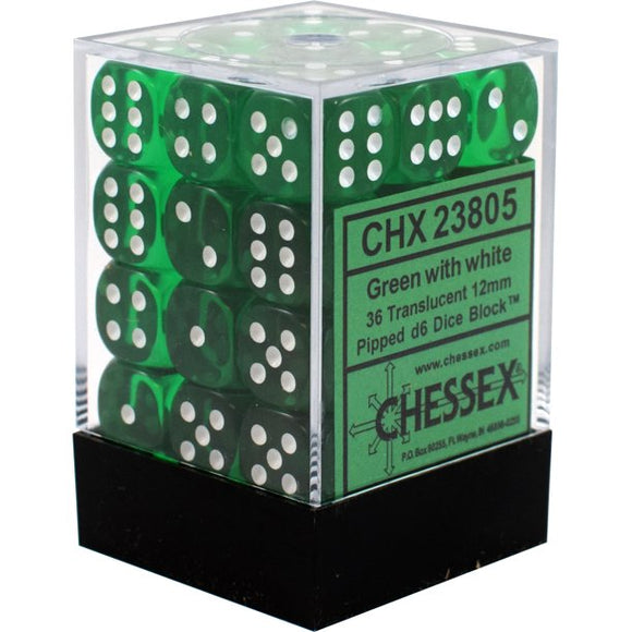 Chessex d6 Cube - Translucent Green with White (12mm)