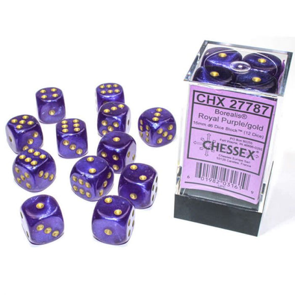 Chessex d6 Cube - Borealis Royal Purple with Gold Luminary