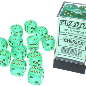 Chessex d6 Cube - Borealis Light-Green with Gold Luminary